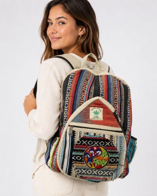 Himalayan Hemp Nepal Handmade Backpacks - Yin Yang Mushroom/Leaf Design image