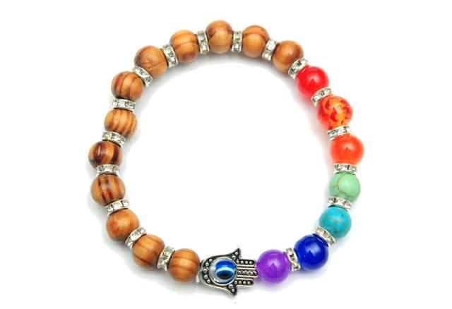 Chakra & Wooden Bead Bracelets With Hamsa Hand image