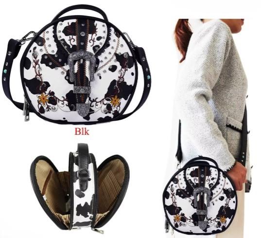 Western Style Cow Print Round Crossbody Bag With Rhinestone Buckle - Black image