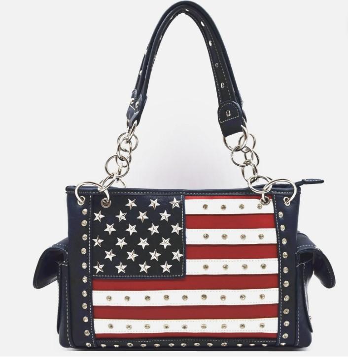 American Flag Purse Rhinestone Patriotic Handbag Concealed Satchel Bag - NAVY image