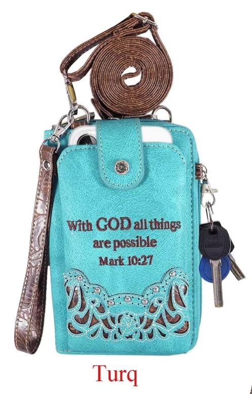 "With God All Things Are Possible" Rhinestone Cross Phone Wallet - Turquoise
