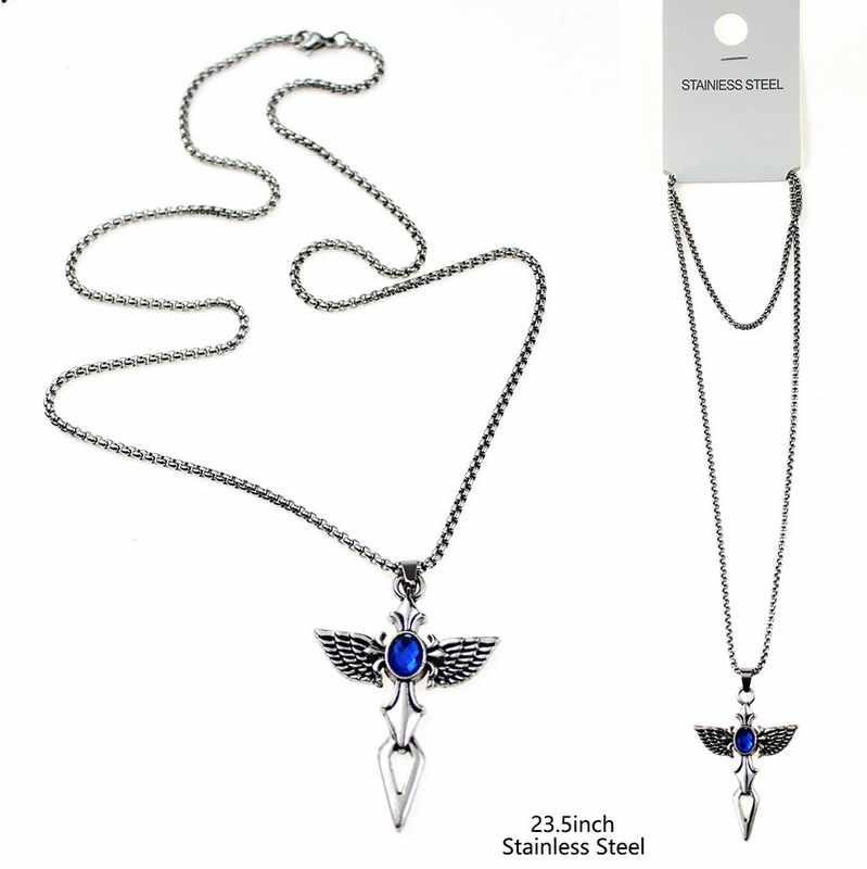 Cross & Wing Stainless Steel Necklaces With Blue Gemstone image