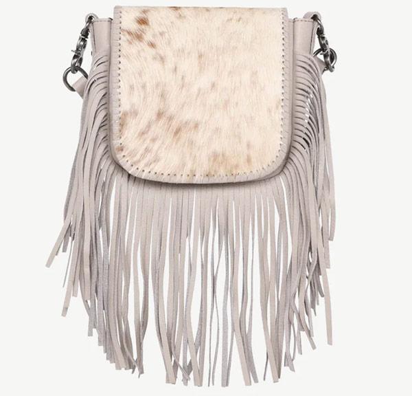 Montana West Genuine Leather Hair-On Collection Fringe Crossbody - White image