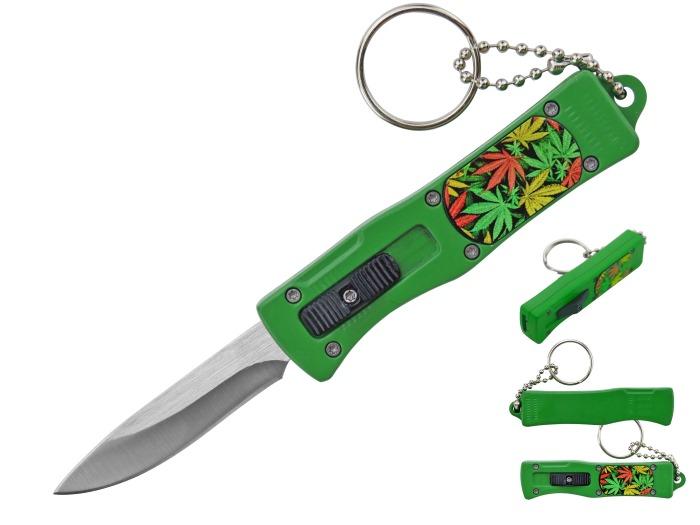 5.25'' Mini OTF Knife With Keychain - Green Marijuana Leaf image