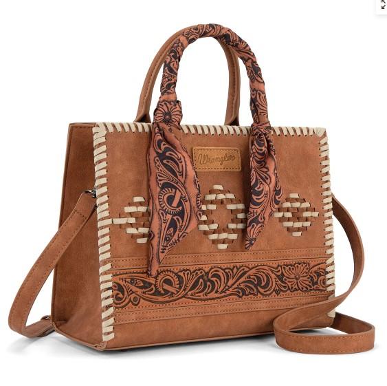 Wrangler Whipstitch Aztec Satchel/Crossbody with Scarf Handle -Brown image