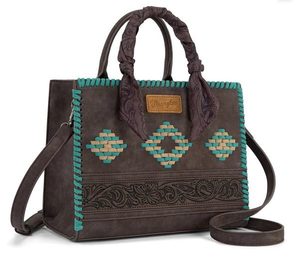 Wrangler Whipstitch Aztec Satchel/Crossbody with Scarf Handle -Coffee image
