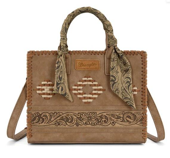 Wrangler Whipstitch Aztec Satchel/Crossbody with Scarf Handle -Khaki image