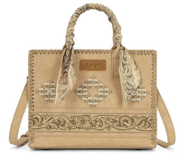 Wrangler Whipstitch Aztec Satchel/Crossbody with Scarf Handle - Tan image