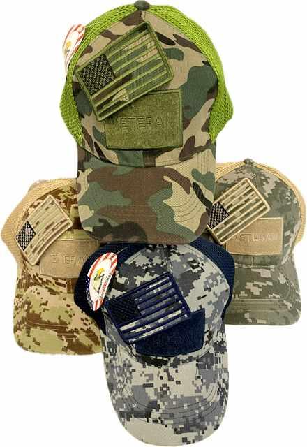 Mesh Camo Hats With Detachable Flag Veteran Patch image