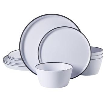 Gibson Home Folsom Shores 12 Piece Melamine Dinnerware Set in White w/ Black Rim