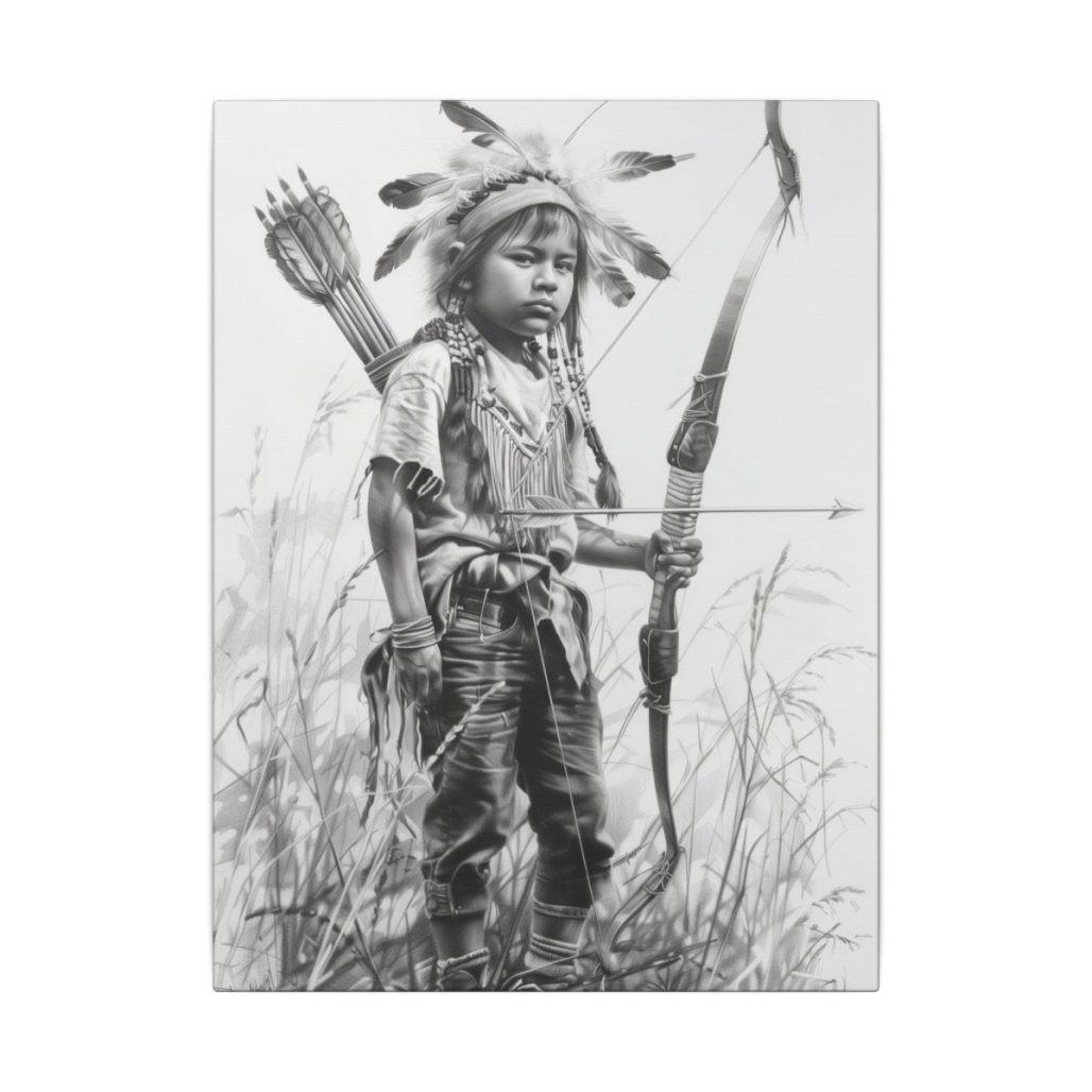 Native American Wall Art, Child with Bow & Arrows Canvas Print, Youth Home Decor