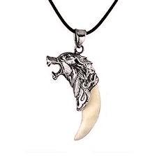 Silver Wolf Head with Real Tooth Pendant Necklace image