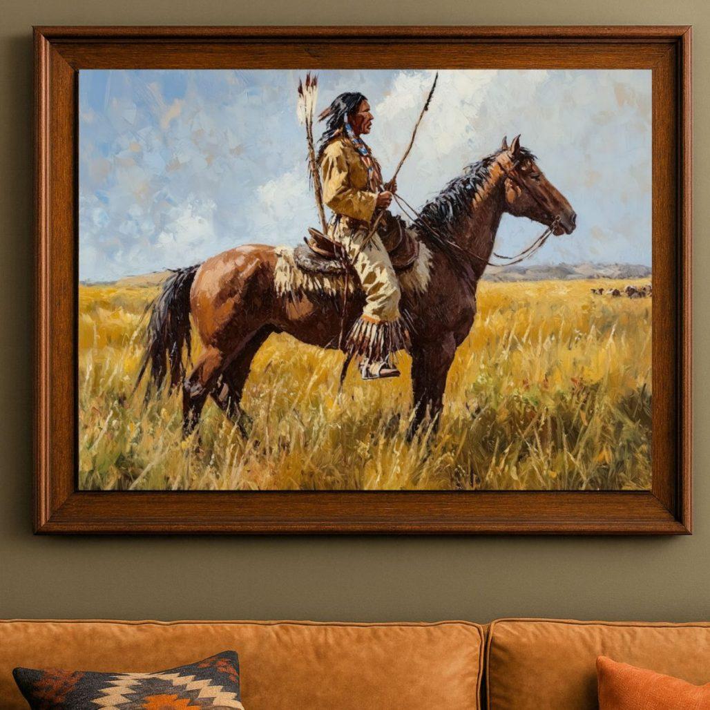 Native American Canvas Print – Warrior on Bay Horse Painting, Boho Home Decor image