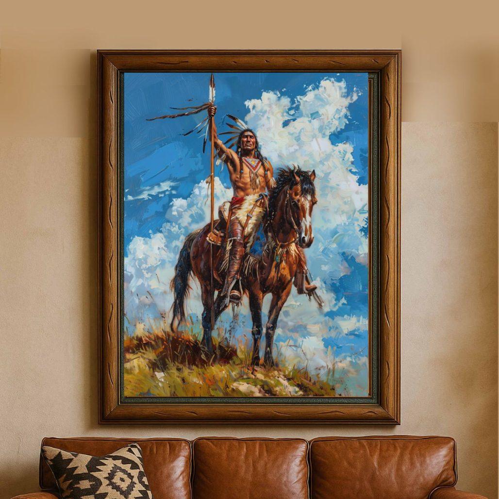 Canvas Art Print, Native American Warrior with Spear,Tribal Wall Art, Boho Decor image