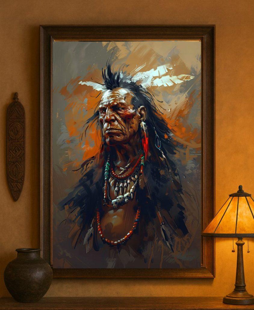 Fine Art Matte Canvas, Native American Warrior, Native American Wall Art, Rustic Cabin Decor image