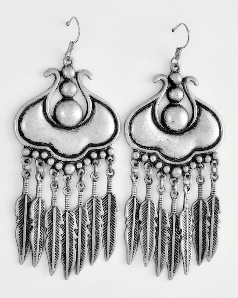Burnished Silver 7 Feather Drop Chandelier Earrings image
