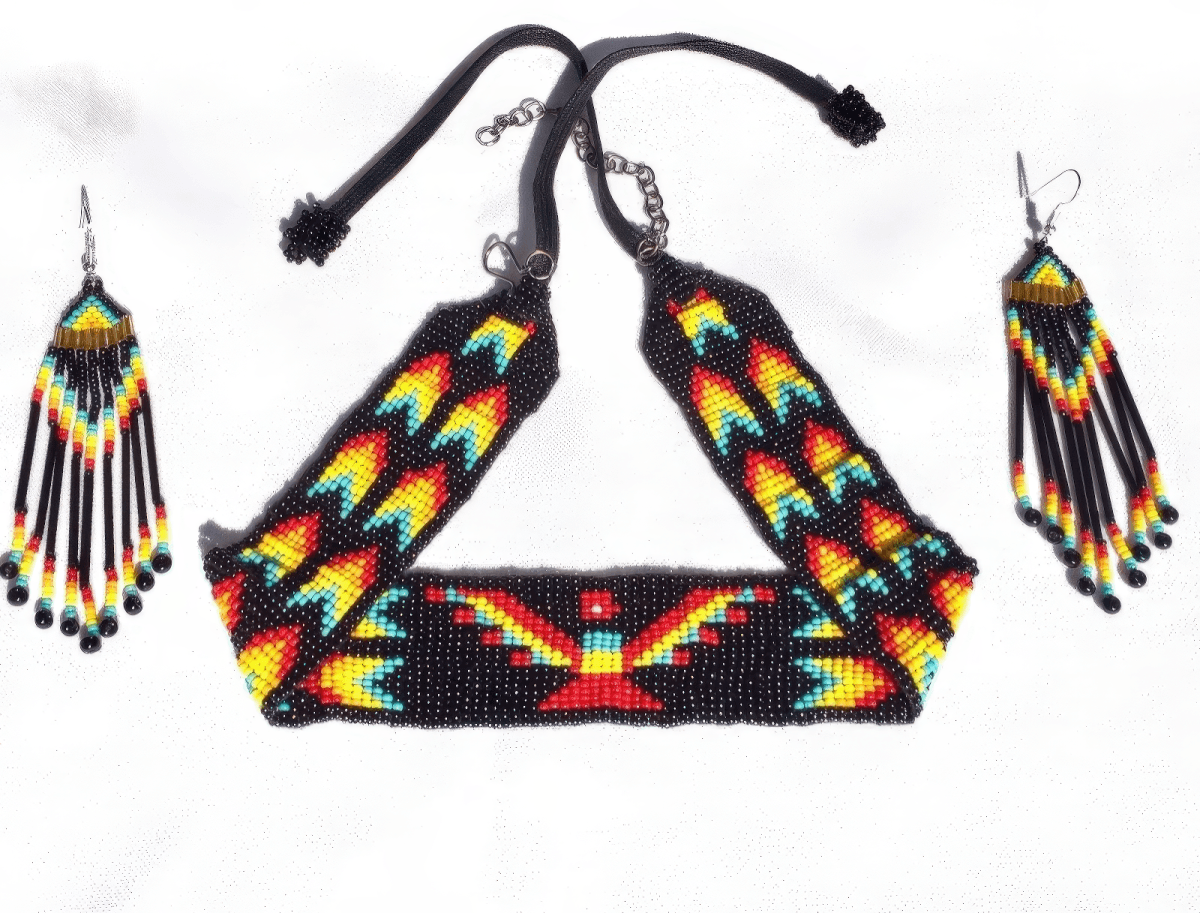 Black and Red Thunderbird Beaded Choker Necklace & Earrings Set image