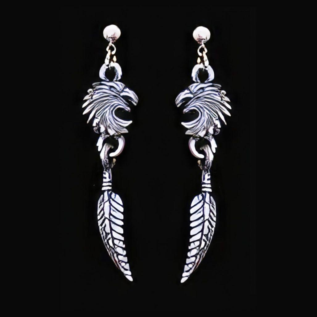 Diamond Cut Eagle Head with Feather Post Earrings