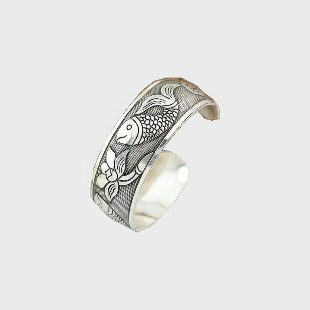 Koi Fish and Lotus Flowers Etched Silver Cuff Bracelet image