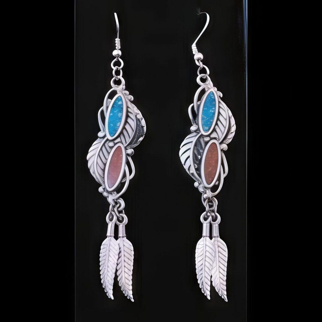 Turquoise and Coral with Feathers Dangle Southwest Earrings image