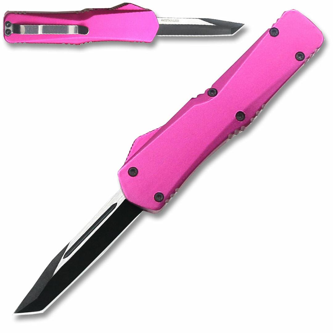 T944-PK - California Legal OTF Dual Action Knife (Pink) Tanto Blade image