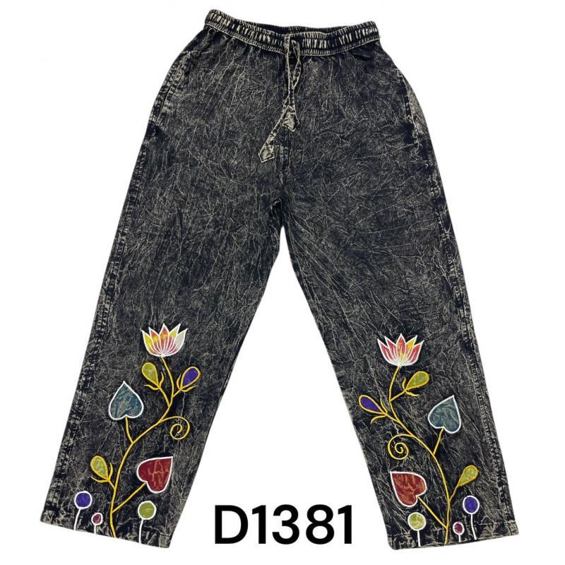 Cotton Black Rock Rose Flowers Embroidery Pant
