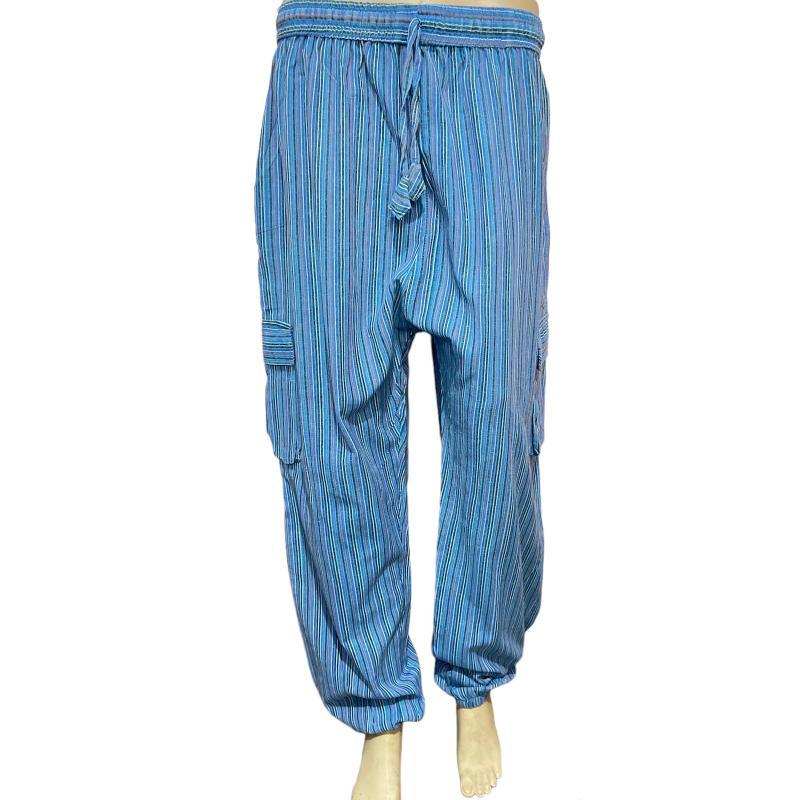 Cotton Box Pocket Drawstring Blue Stripe Yoga Pant D439