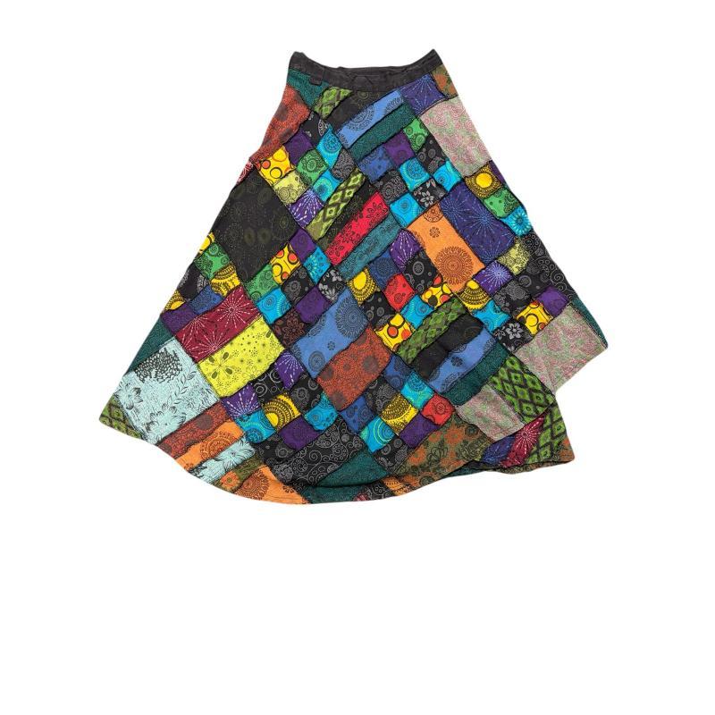 Cotton Multi Jungle Beauty Block Patch Warp Around Skirt