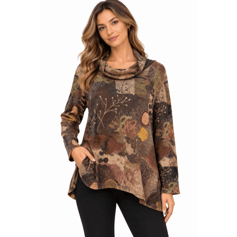 Women's Tree of Life Cowl Neck Back Button Decorated Tunic Top image