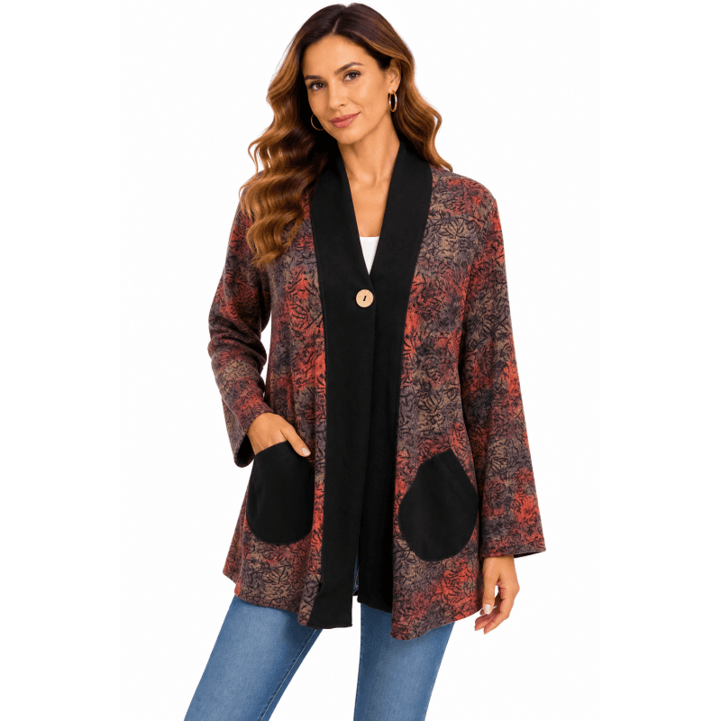 Women's Multi Color Red Wood Singe Button Open Front Jacket Cardigan image