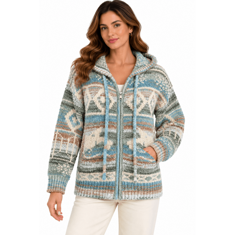 Women's Teal Multi Zip Hood Sweater Jacket image