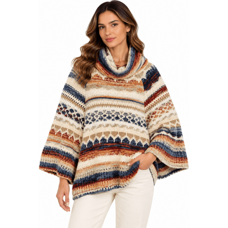 Women's Multi Color Diamond Cowl Neck Bell Sleeve Sweater Poncho image