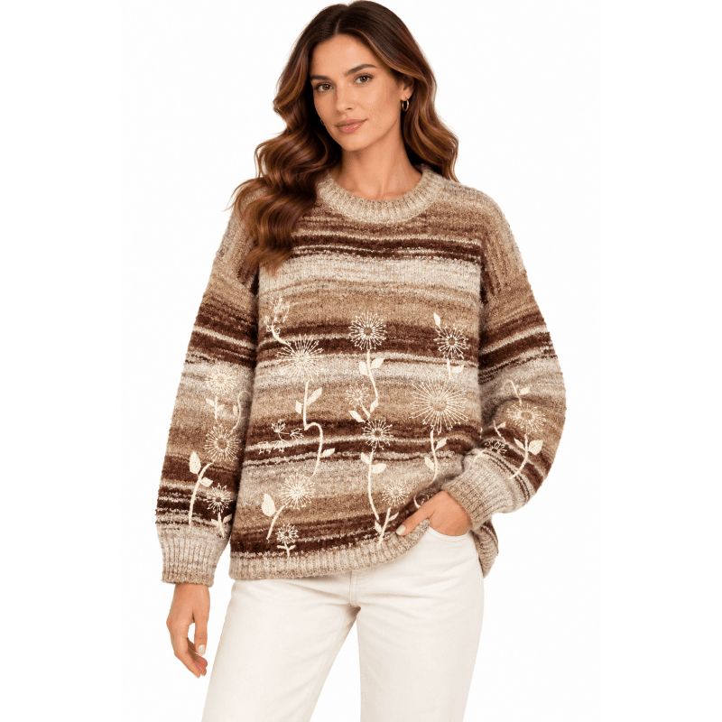 Women's Earth Tone Embroidery Round Neck Sweater Top image