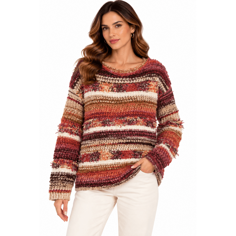 Women's Rust Ombre Fringe Round Neck Sweater Top image