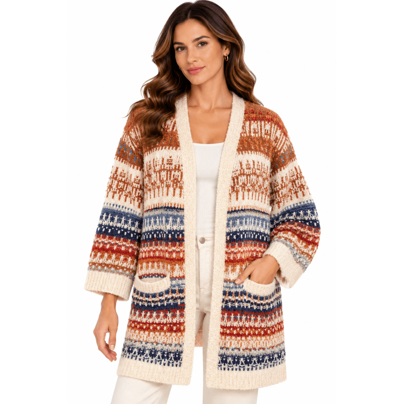 Women's Multi Blue and Rust Two Pocket Open Front Sweater Cardigan image