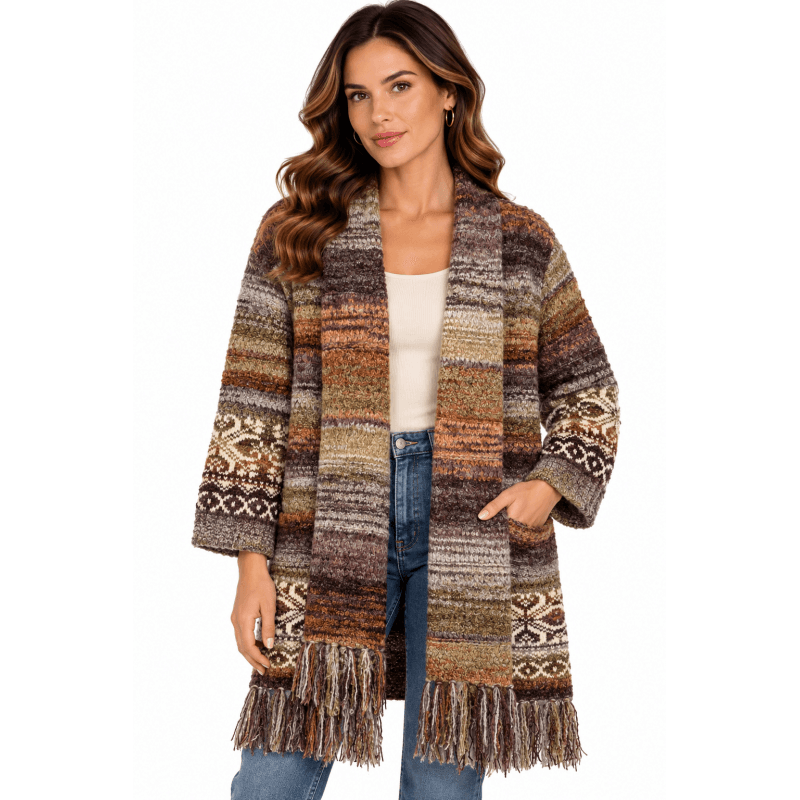 Women's Multi Rust Hem Fringe Open Front Long Cardigan image