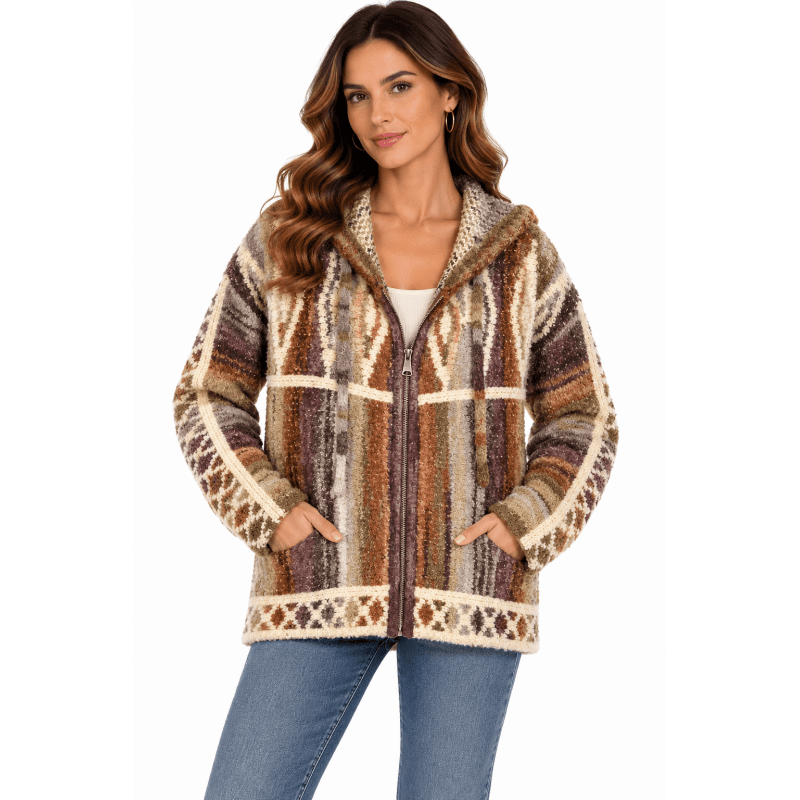 Women Multi Diamond Zip Hood Sweater Jacket image
