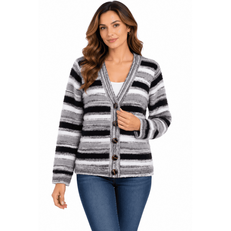 Women's Multi Grey Button Down V neck sweater Jacket image