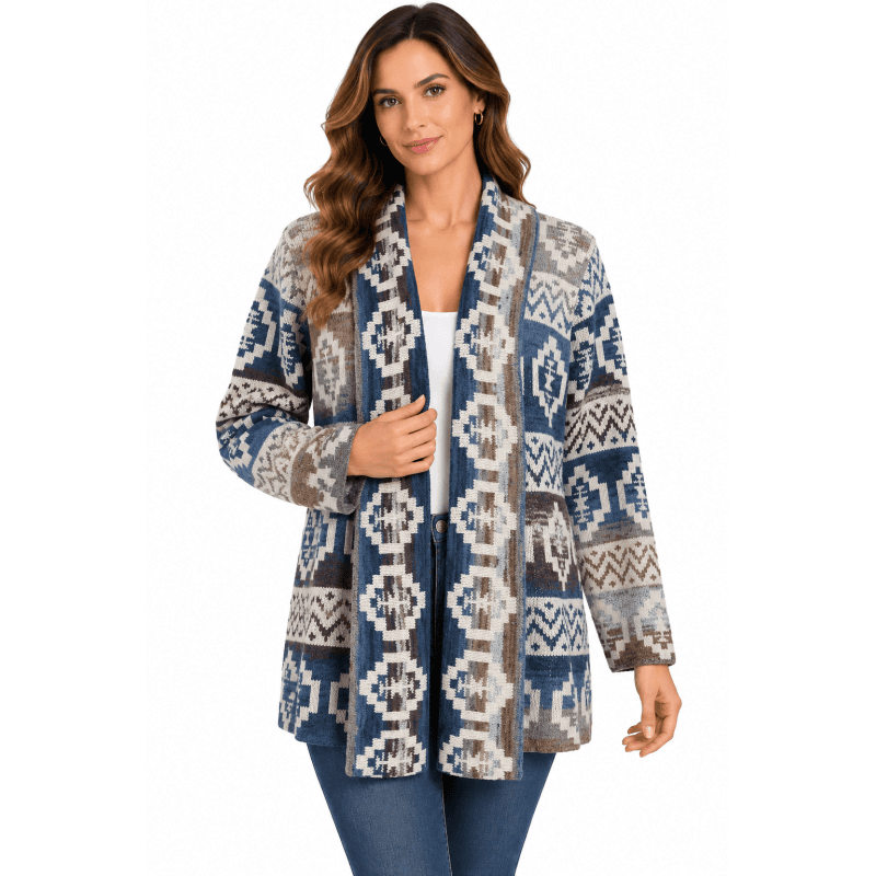 Women's Multi Color Dark Blue Aztec Open Front Sweater Cardigan image