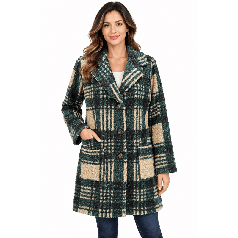 Women's Teal Multi Three Button Plaid Jacket Coat image