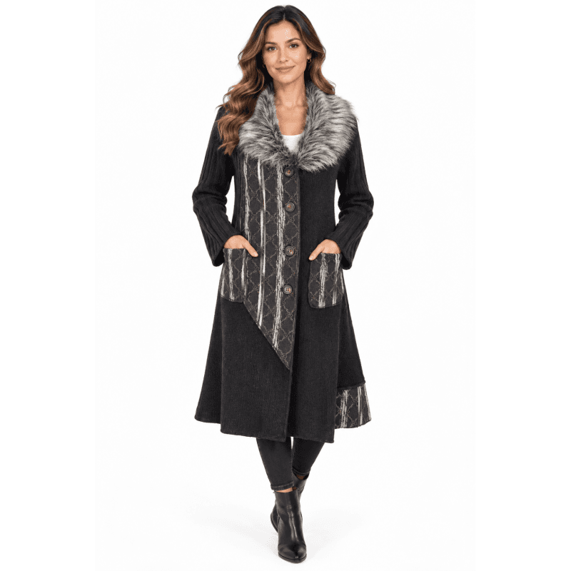 Women Black and White Patch Fur Jacket Coat image