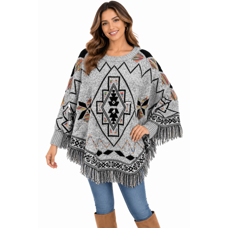 Women's Sleeve Open Front Fringe Aztec Poncho image