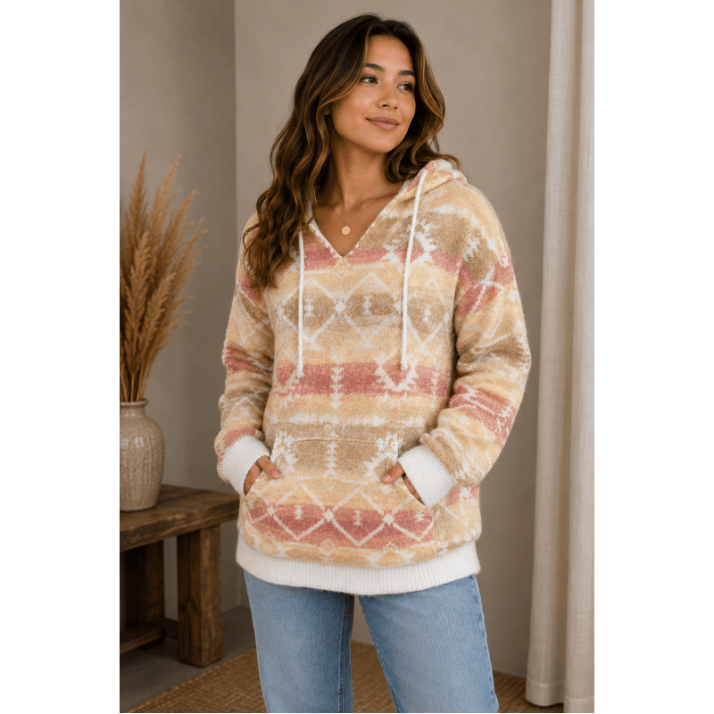 Women's Multi Cream White Trim Aztec Hooded Pullover image