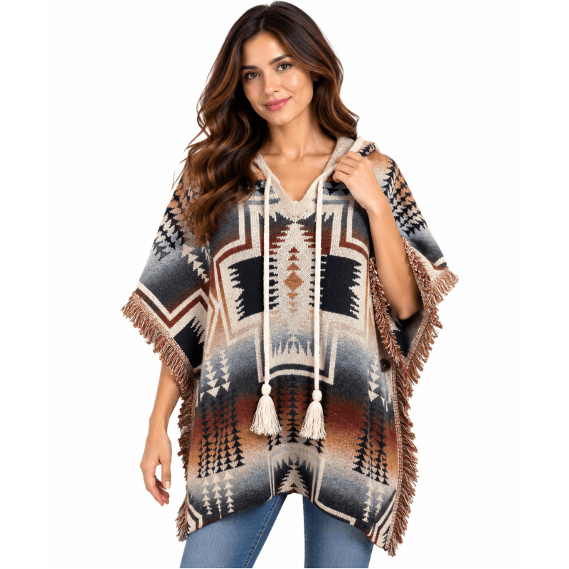 Women Multi Color Wester Aztec Hem Fringe Hooded Poncho image