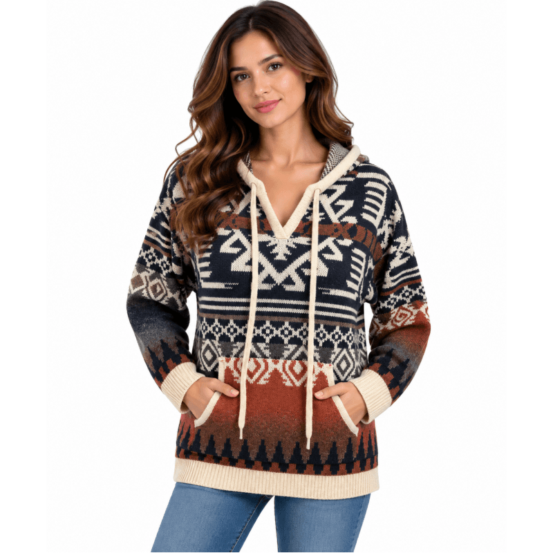 Women Multi Aztec Hooded Sweater Pullover image