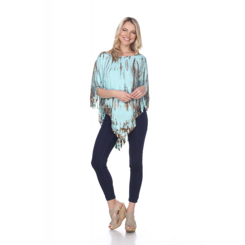 Women Tie Dye Sky Blue Fringe Highlow Poncho image