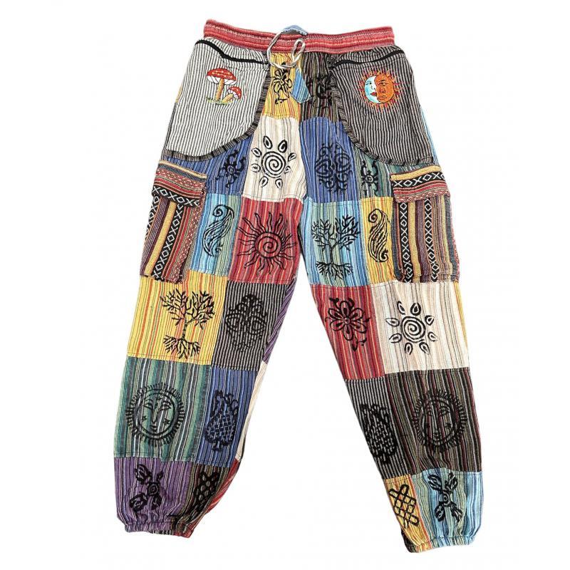 Cotton Patchwork Block Print Cherry Mushroom / Sun moon Yoga Pants D412 image