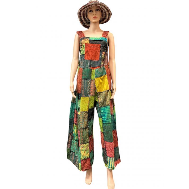 Cotton Stonewashed Patchwork Block Print Jumpsuit Overall
