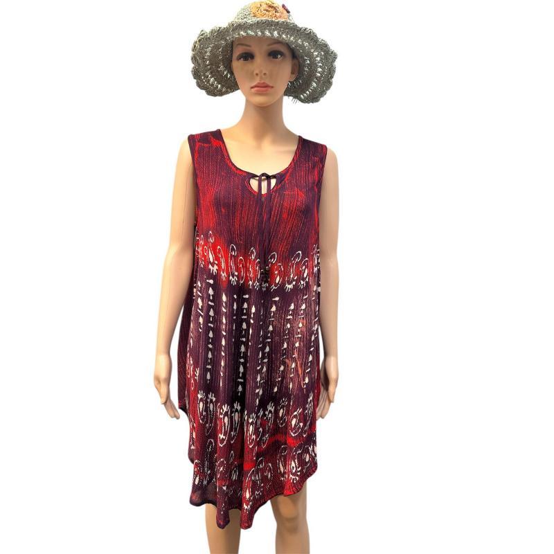 Rayon Crape Red Paisley Wide Slv Tunic Dress MR77