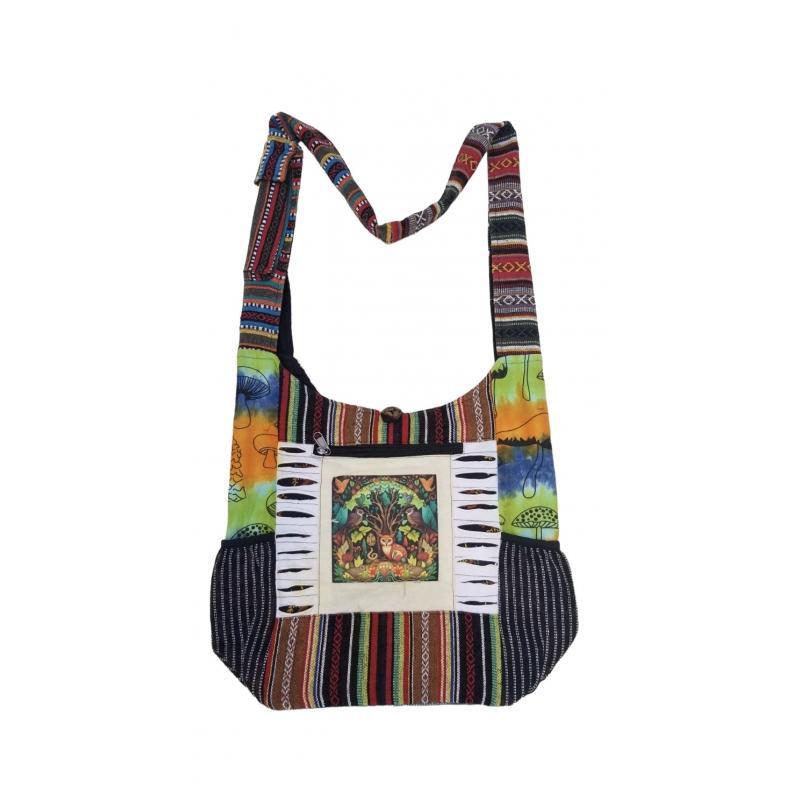 Cotton Mushroom Tree of Life & Birds Side Pocket Sling Bag image